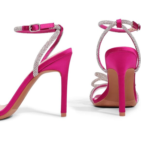🆕 Women Pink Double Bowknots Crystal Sandals Clear Slingback Square Toe Heels - Picture 4 of 7